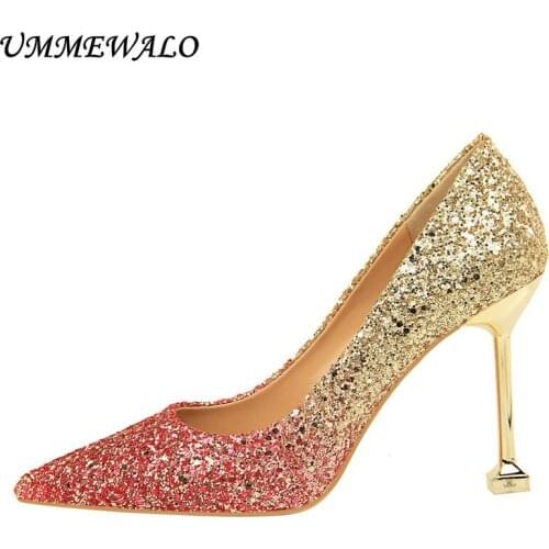 UMMEWALO Sexy High Heels Shoes Women Sequined Cloth Gradient Pumps Women Super High Pointed Toe Shoes Ladies Shoes New Arrival