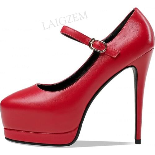 LAIGZEM Women Platform Pumps Genuine Leather High Heels Mary Janes Party Sandals Spring Summer Red Shoes Woman Size 33 37 39 40