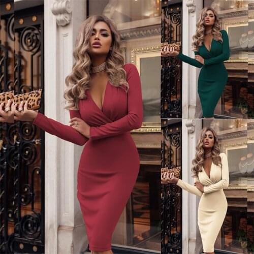 Women Dress Autumn Winter Casual Solid Color Long Sleeve Elegant Office Lady Dress Sexy Deep V Neck Bodycon Pencil Party Dresses