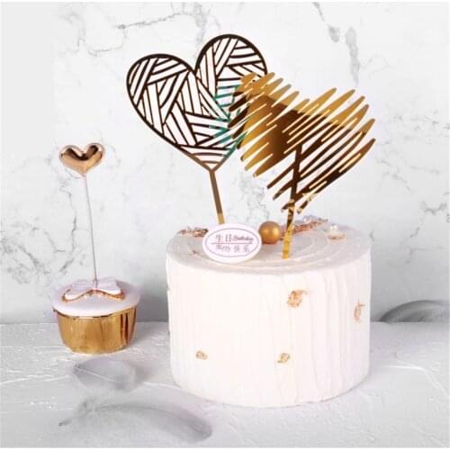 Gold Acrylic Heart Cake Topper DIY Cup Cake Dessert Decoration Lovely Gifts Baby Shower Birthday Engagement Wedding Favor Tool
