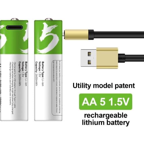 2pcs AA Battery 1.5V Type-C USB Charging Fast Charging Rechargeable Lithium Cell With Type-C USB Charging Cable