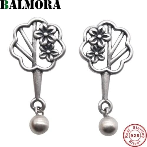 BALMORA 100% 925 Silver Hollow Flower Silver Beads Earring For Women Girl Temperament Tassel Earrings Dangler Daily Jewelry Gift