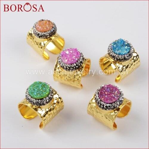 BOROSA Fashion Round Rainbow Titanium Druzy Gold Color Band Ring, Gems Crystal Rhinestone Paved Drusy Cuff Ring for Women JAB756