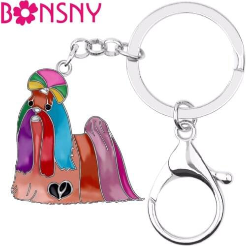 Bonsny Enamel Alloy Sweet Chinese Shih Tzu Dog Key Chains Cute Animal Jewelry Keychains For Women Girls Bag Car Gift Bijoux