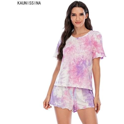 Women Soft Tie-dyed Pajamas Set Nightwear Short Sleeve V-Neck Top Shorts Pant Sleepwear Sets Pajama Female Lingerie Clothes