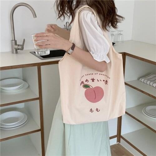 Kawaii 2021 Fashion Shopper Bags Womens Canvas Tote Bags Luxury Designer Handbag Japanese Style Summer Peach Print Shoulder Bag