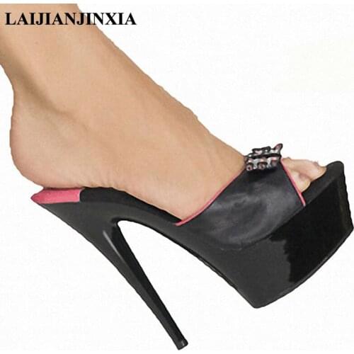 LAIJIANJINXIA New Style Women Dancing Shoes Nightclub Peep Toe 15cm High Heels Thick Platform Slippers Pole Dance Shoes