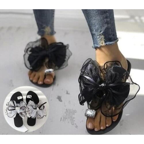 Sweet bow tie lace floral ladies flat slippers fashion crystal rhinestone girl slippers outdoor beach shoes plus size 35-42