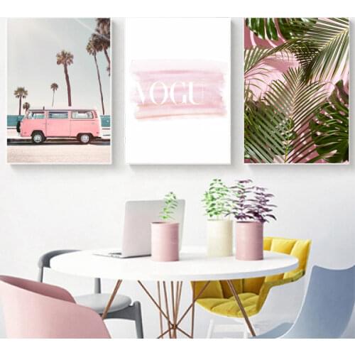 Fashion Pink Palm Tree Canvas Painting Wall Pictures Vogue Pink Van Vintage Posters and Prints Living Room Home Wall Art Decor