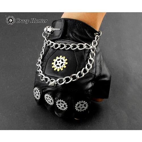 Mens Steampunk Gears w/ Chain Half Finger Fingerless Gloves