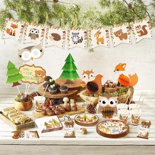 Jungle Party Disposable Tableware Woodland Animal Tableware Set Plates Cups Forks Baby Shower Birthday Party Decoration Supplies