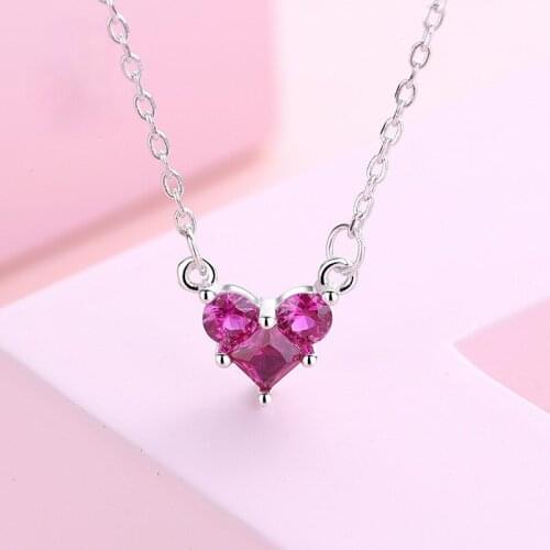 New Simple Heart-shaped Crystal Pendant Fashion Elegant Women Necklace Rose Red Zircon Charm Bride Wedding Anniversary Jewelry