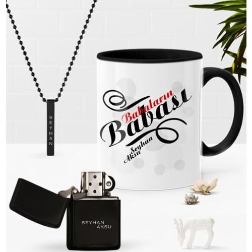 Personalized Babaların Father Black Mug Gasoline Lighter Pendant Seti-1