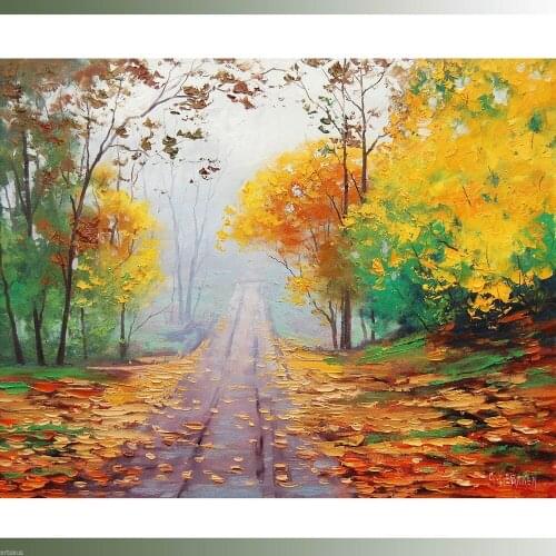 Modern Oil Painting Wall Decor Art On Canvas Autumn Fall Painting Road Yellow Trees Palette Knife Art No Framed