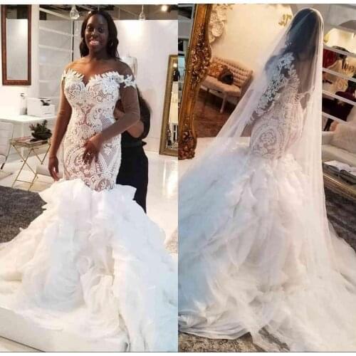 African Mermaid Wedding Dresses Long Sleeve Cathedral Train Princess Wedding Gowns Tiered Skirts Bridal Dress vestidos de novia
