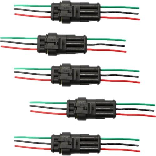 Durable 3 Pin Car IP67 Waterproof Dustproof Electrical Connector Plug Socket with Wire AWG kit 5 Pack