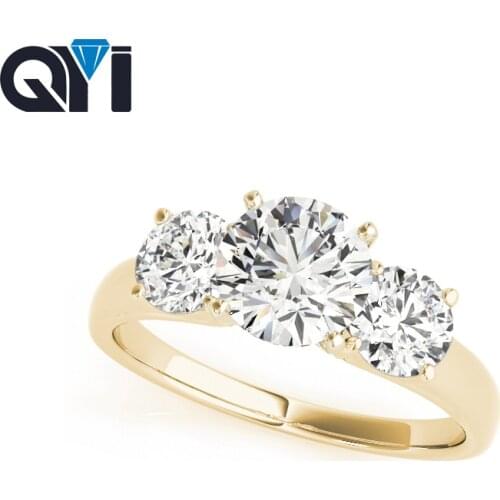 QYI Women Fashion Jewelry 14k yellow Gold Three Stone Rings 1 ct Round Cut Simulated Diamond Engagement Wedding Band Ring