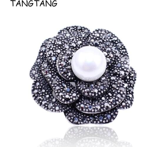 Romantic Antique Rose Flower Brooch And Pin With Simulated Pearl Inlay Black Rhinestones Jewelry Pins For Sweater, BH8306