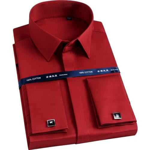 Luxury Mercerized Cotton French Cuff Button Shirts Long Sleeve Red White Men Tuxedo Wedding Business Dress Shirt with Cufflinks