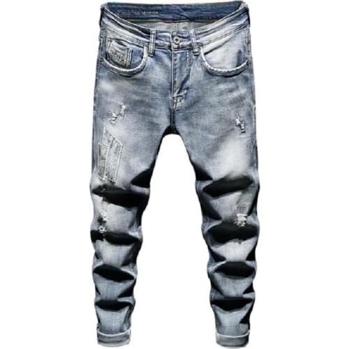Ripped Jeans Men Skinny Fit Frayed Biker Jeans Casual Light Blue High Street Style Male Jeans Elasticity Slim Men Pants Trousers