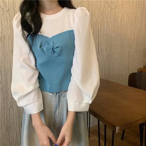 2021 spring and autumn new stitching contrast color bubble sleeve round neck simple long-sleeved elastic knitted sweater top
