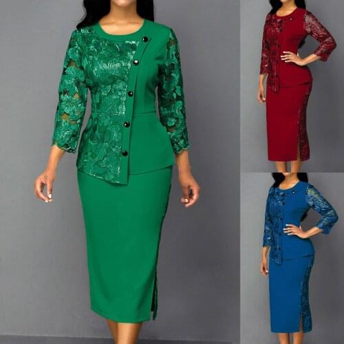 Work Office High Waist Knee Length Elegant Skirt Women Lace Hollow Out Long Sleeve Blouse Top Split Bodycon Skirt Office Outfit