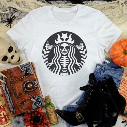 Skeleton Mermaid Lady T-shirt Vintage Halloween Goth Tshirt Aesthetic Women Coffee Drinking Tee Shirt Top