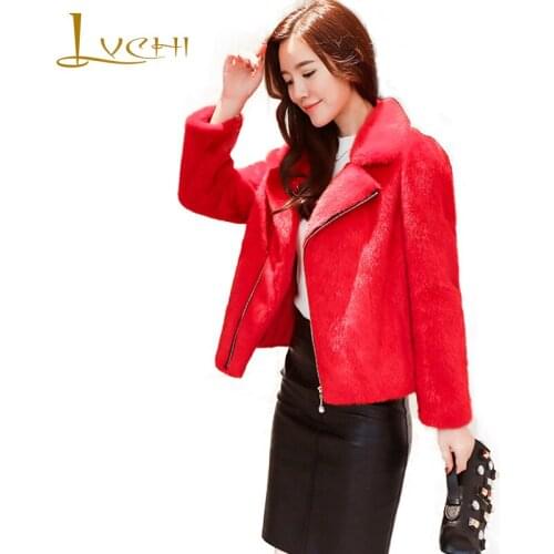 LVCHI Winter 2019 Mink Fur Coat Womens Fashion Motorcycle Models Long Sleeve Zippers V-Neck Short Slim Cool Lady Mink Fur Coats