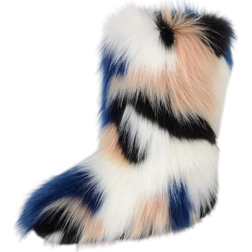 Janveny Womens Faux fur Boot Furry Fluffy Short Snow Boot Mid-Calf Boots Warm Comfortable Outdoor Flat Shoes