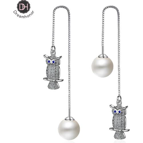 Dreamhonor 925 Sterling Silver Long Ear Line Full Zirconia Rhinestone Owl Pearl Earrings Women Jewelry Wholesale