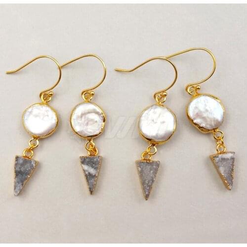 WT-E340 Wholesale Custom Round Pearl Earrings Link Triangle Druzy Stone With Gold Trim Fashion Arrived For woman Gift Jewelry