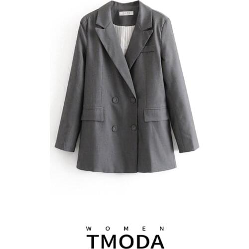 TMODA676 Women 2021 Fashion Office Wear Double Breasted Gray Blazer Coat Vintage Long Sleeve Pockets Female Outerwear Chic Tops