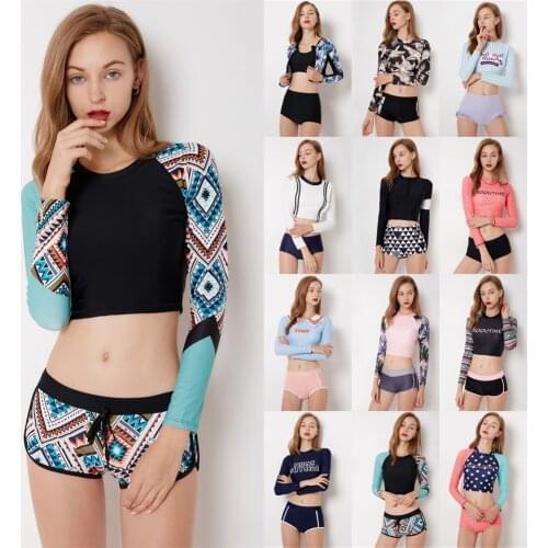 Two Pieces Swimsuit Women Long Sleeve Rash Guard Beach Shorts Printed Bathing Suit Swimwear Surfing Suit Sport Rashguard