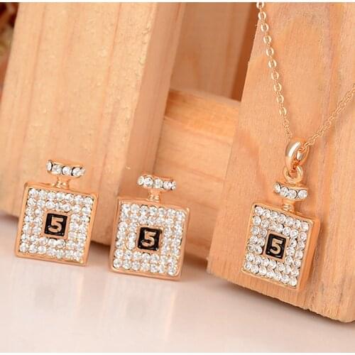 Fashion Perfume Bottle Pendant Necklace Gold Silver Color Jewelry Set For Women Crystal Elegant Party Gift Costume Jewelry Set