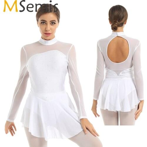 Women Rhinestones Ballet Dance Leotard Dress Adult Back Open Figure Ice Skating Roller Skating Dancing Dress Ballerina Costumes