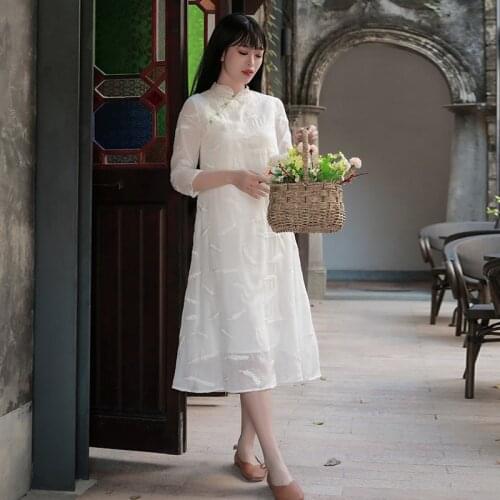 2021 spring and summer womens new white feather embroidery art RETRO national style long dress