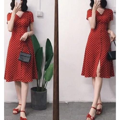 Womens red polka dot dress sexy v neck vintage maxi summer dress mid elegant chiffon short sleeve women long dresses 2021