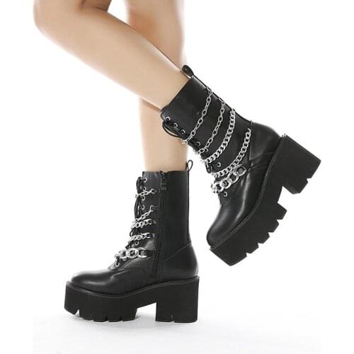 Winter Chain Women High Boots Front Lace-up Metal High-heel Platform Boots Side Zipper Round Toe Motorcycle Leather Boots Botas