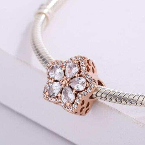 925 Sterling Silver Rose Gold Sparkling Snowflake Pave CZ Transparent Zircon Pendant Charm Bracelet Jewelry For Original Pandora