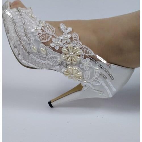 BaoYaFang Luxury wedding shoes Peep Toe white lace crystal shoes Flower Ladies party shoes woman Open Toe High heel Pumps