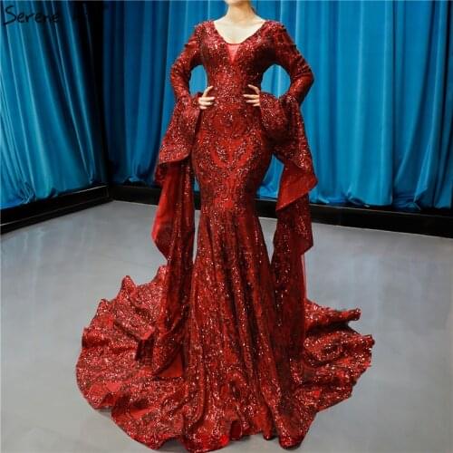 Dubai Design Wine Red Luxury Evening Dresses 2020 Sequined Long Sleeve Sparkle Fashion Bride Toasting Gowns 66740