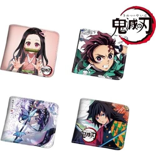 Anime Demon Slayer Kimetsu No Yaiba Tanjiro Kamado PU Wallet Short Purse with Coin Pocket Cartoon Cosplay Bifold Purse Gift