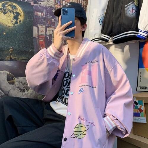 INXYZ 2021 Mens Fashion Baseball Uniform Jacket English Element Printing Pattern Style Loose Casual Unisex