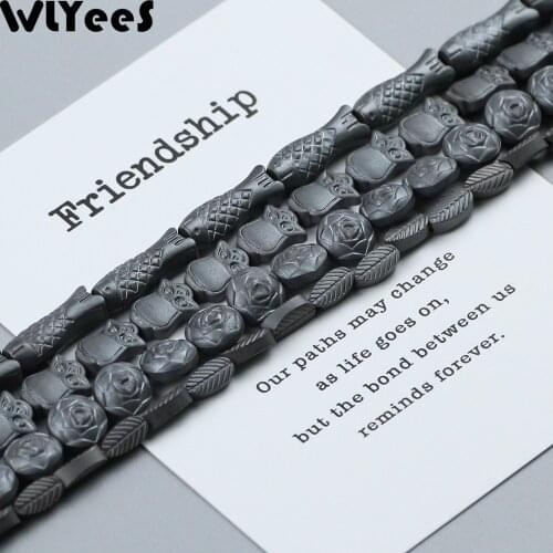 WLYeeS Matte Hematite beads Roses Owls Leaves Fish Special shaped Natural Stone Loose beads Jewelry Earring Bracelet Making DIY
