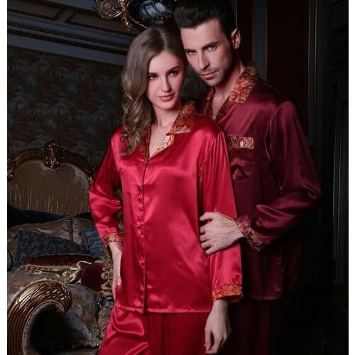 Fashion Brand Real Silk Couple Pajama Two-Piece Red 100% Silk Sleepwear Female Male Spring Autumn Long-Sleeved Pyjama Sets OY11