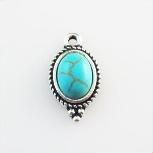 Fashion 18Pcs Retro Tibetan Silver Color Stone Oval Flower Charms Pendants 9x16mm