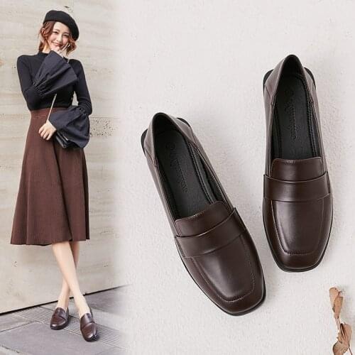 Brief moccasins square toe shallow women shoes casual comfy all match flats solid leather ladies wear resistant loafers footwear