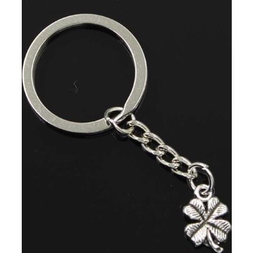New Fashion Men 30mm Keychain DIY Metal Holder Chain Vintage Lucky Irish Four Leaf Clover 17x11mm Silver Color Pendant Gift