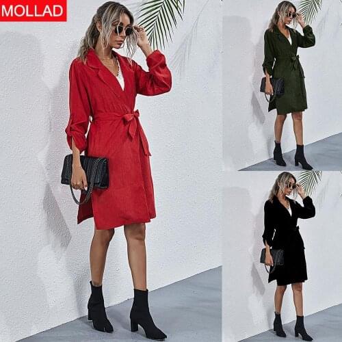 2021 European and American Autumn and Winter Womens Clothing Hot Fitted Waist Turn-down Collar Long Sleeve Dress