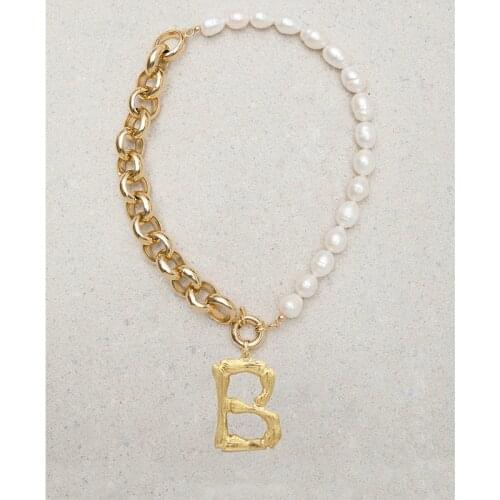 Letter Initial Alphabet steampunk hip hop collar mujer statement necklaces women real Baroque freshwater Pearl big link chain